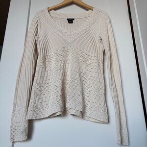 Calvin Klein Cream Pointelle Knit V-Neck Cotton Sweater | Elevated Basic Scandi